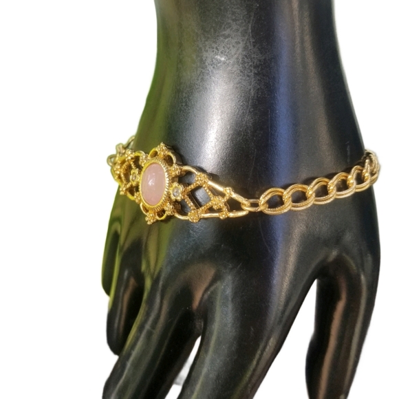 AVON 1993 GOLDTONE & GENUINE ROSE QUARTS DAINTY CHAIN BRACELET - Picture 2 of 8